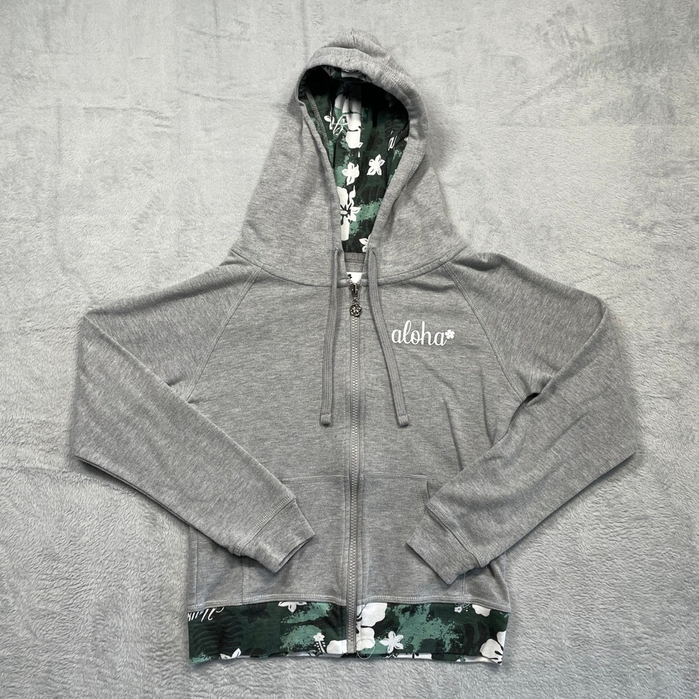 Island Design Collection Hoodie Women Small Gray Aloha Floral Zip Up Sweatshirt
